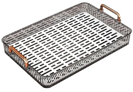 Plateau à thé rectangulaire en plastique avec poignées - Plateau de service rectangulaire antidérapant pour fêtes, table basse, cuisine - Grand format - Gris