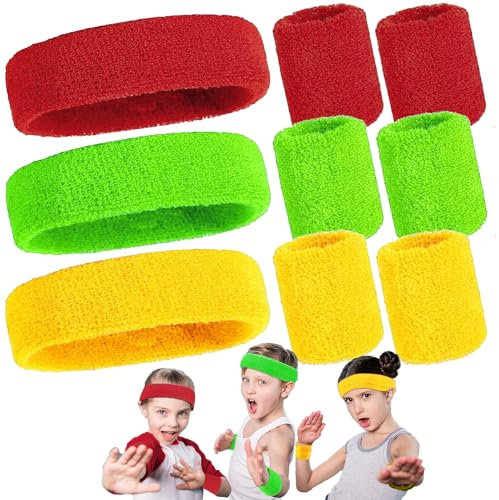 Neon Stirnband und Armband, 9 Stück Neon Sport Stirnband, Wristband Neon, Schweißband Neon, Neon Schweißband Set, 80er Jahre Schweißband, Schweissband Set, für den Einsatz während des Trainings