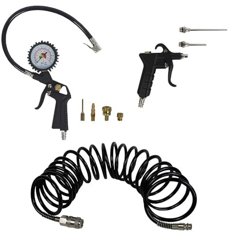 siwitec Kompressor Zubehör-Set: 5 m Druckluftschlauch, Druckluftpistole mit zwei Verlängerungen (6 und 10 cm) und Reifendruckprüfer bis max 12 bar mit vier Adaptern | Druckluftwerkzeug