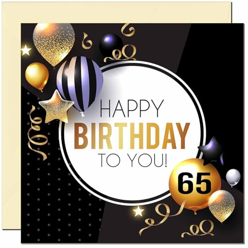 Geburtstagskarte zum 65. Geburtstag für Männer und Frauen, goldene und schwarze Luftballons, Geburtstagskarten für 65 Jahre alten Mann, fünfzig Vater, Opa, Onkel, Geschenk für Oma, Mutter, Tante