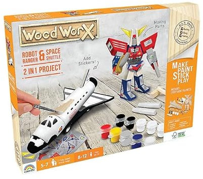 WOOD WORX - Maquettes en Bois A Construire et Personnaliser - Création 2 Maquettes Navette Spatiale + Robot Ranger - Peintures et Stickers Inclus - Loisirs Créatifs - Bois FSC - Idée Cadeau dès 5 ans