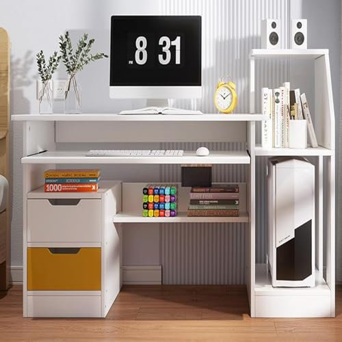 Makamsui Computer Desk with 2 Drawers and 3 Hutch Shelves, Home Office Desk with Wide Desktop and Keyboard Drawer, Wood Writing Study Desk Table PC Desk for Home Office Bedroom White