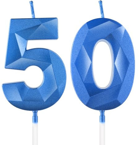 Sapphire Blue 50th Birthday Candles for Cake, Number 50 Candle for 50th Birthday Decorations, 3D Design Cake Topper Decor for Women Men Birthday Theme Party Weddings Anniversary Celebration