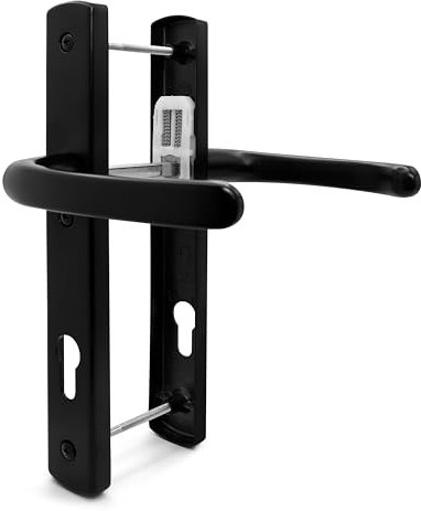 TSS Black UPVC Door Handle Pair Set, 92mm PZ (Centres), Sprung, Lever Lever, 215mm Top Screw to Bottom Screw (Screw centres), 3X Fixing Points, Backplate 260mm x 35mm - PVC Door Handle in Black