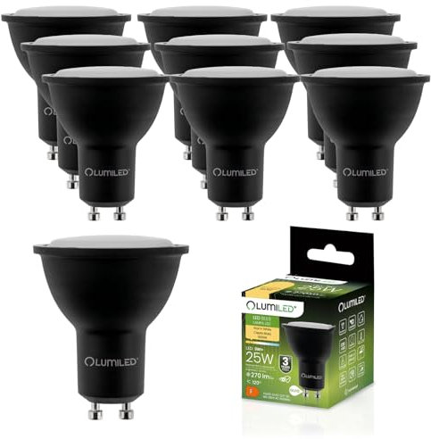 Lumiled LED GU10 Lampe 3W 270 Lm Warmweiß 3000K Leuchtmittel Strahler ersetzt 25W Halogenlampen 120° Strahlwinkel Spot Schwarz Reflektor 10 Stück Energiesparlampen