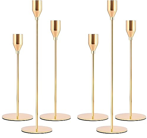 Snarflun Set di 6 Portacandele Dorate Per Candele Coniche, Porta Candele da Tavolo 33/28/22cm, Portacandele in Metallo, Natalizio Candelabri,Candeliere per Matrimoni,Compleanni,Natale,Cena a Lume (B)