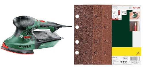Bosch Home and Garden Multi-Sander PSM 200 AES (200 W, 2X Sanding Papers, Rectangular Plate, in case) + 25-Piece Sanding Sheet Set (Different Materials, Grit Size 40/60/80/120, 8 Holes, Accessories)