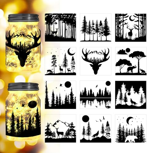 Peacoblue Forest Silhouette Cutouts for Jars, Mason Can, Glass, Wishing Bottle Decor(No Stickers), 12Pcs Reusable Forest Silhouette Lantern DIY Craft Kit Jar Decals Art Mural Garden Home