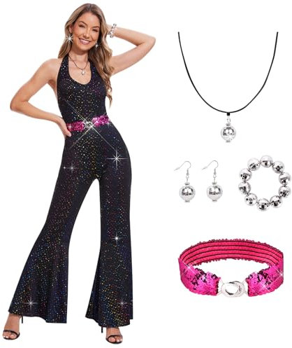 Aragallant Disco Outfit Damen, 70er Jahre Outfit Damen, Pailletten-Disco-Overall, Glitzer Jumpsuit Damen, Disco Accessoires, Disco-Kostüm Erwachsene, Karneval Kostüm für Bühnenauftritt (schwarz, XL)