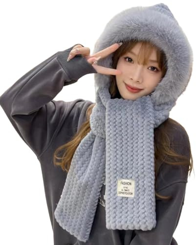 2 in 1 Damen Winter Kapuzenschal,Mützenschal Ohrenschutz Winddichte,Thermal Kunstpelz Mütze mit Schal,Niedlichen Plüsch Mütze Balaclava Winterschal Ohrenschutz für Outdoor,Weiß
