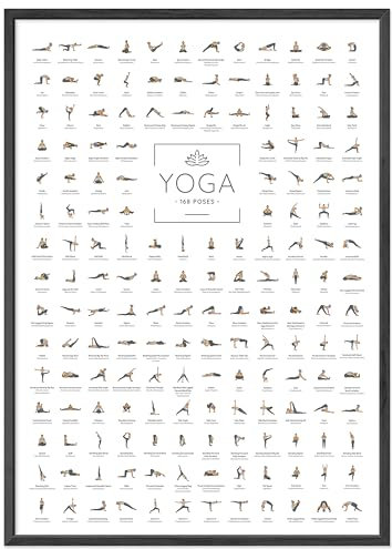 JUNOMI® Yoga Poster 50x70 cm mit Rahmen Schwarz, Yoga Zubehör für Studios und Übungen Zuhause, perfekte Yoga Geschenkidee, Yoga Übungen für Beginner und Profis | mit Rahmen