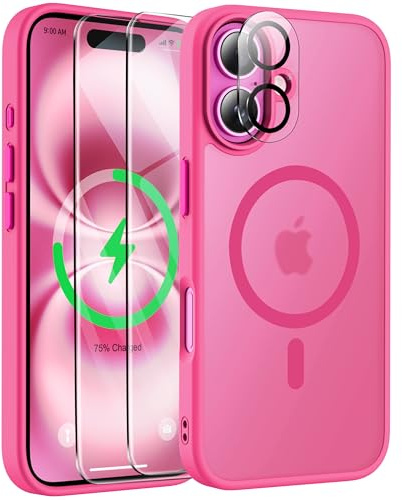 ORETECH Magnetic for iPhone 16 Case, Matt Back Hot Pink | Compatible with Magsafe, 2 Pack Screen Protector 1 Camera Protector, Anti Yellowing Ultra Thin Military Grade Shockproof