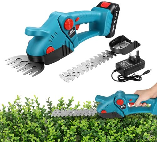 21V Cordless Grass Shear & Hedge Trimmer,2 in 1 Handheld Electric Shrub Trimmer with Rechargeable Battery & Fast Charger,Garden Shears for Hedges,Grass, Lawn and Pruning