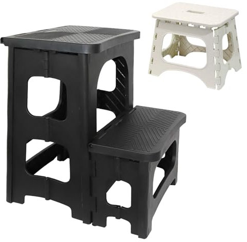 Taburete de 2 Escalones, Taburete Plegable con Escalón Antideslizante Capacidad de Carga de 150kg Taburete Portátil para Niños con Taburete Plegable Blanco para Cocina Hogar Oficina Y Exteriores