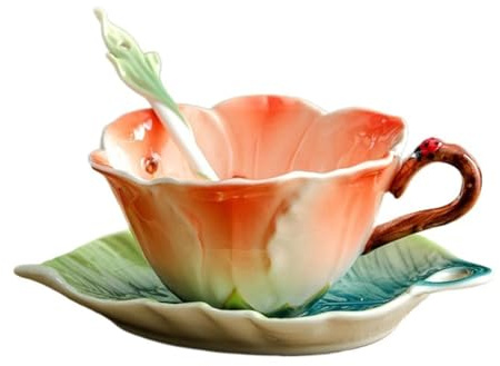 Keramiktasse und Untertassenset, 200ml Blumen Kaffeetasse, 3D Teetasse