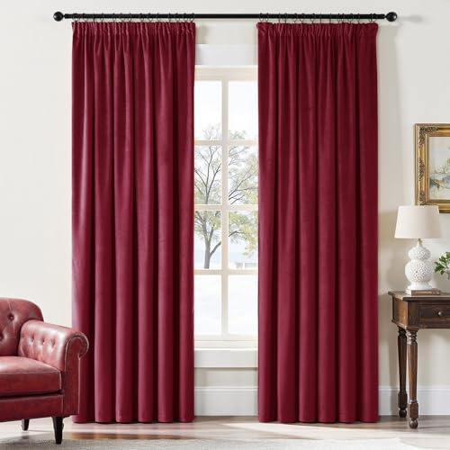 EMEMA Blickdichte Samt Vorhänge mit Kräuselband Weinrot 2er H225xB140cm | Samt Gardinen Deko Blickdichte Vorhänge mit Kräuselband Wohnzimmer Schlafzimmer Verdunkelung Thermovorhang Samt kräuselband