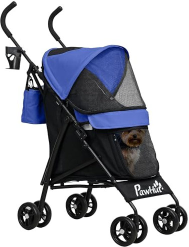 PawHut Hundewagen Hundebuggy klappbar für Hunde & Katzen Katzenbuggy mit Netzfenstern, Schultergurt, Aufbewahrungstasche, Becherhalter Regenschirm Katzenwagen Dunkelblau