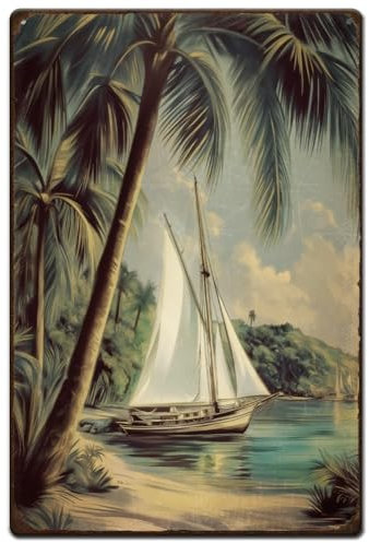 SUPERDANT Plaque Metal Vintage Paysage Marin Plage et Voilier Plaque Murale Decorative Été Vintage Panneaux en Étain Palmiers Art Mural Affiche Murale Décor Vintage Decoration
