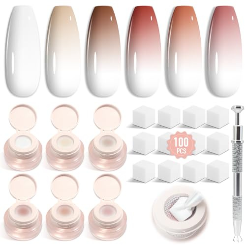 Shining She Ombre Gel Nagellack Set, 6 Farben Helle Nude Serie Pat Painting Gel Nail Polish Set für Farbverlauf Nageldesign Gradient Blush Effekt DIY mit Maniküre-Greifer und 100 Nail Art Schwämme