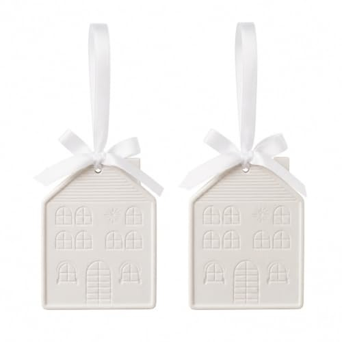 MIJOMA 2er Set Weihnachtsanhänger Winterhaus – Weiße Steinzeug-Deko in Hausform zum Aufhängen – Christbaumschmuck Fensterdeko Geschenkidee – Weihnachtsdeko skandinavisch modern