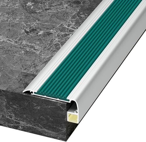 Treppenkantenprofil mit LED-Kanal, rutschfester Treppenkantenschutz mit Gummistreifen, Aluminium Winkelprofil Treppenprofil(Green,100cm/39in)