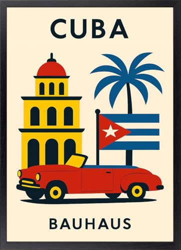 Fine Artic Cuadro Cuba estilo Bauhaus - Poster Bauhaus La Habana y Bandera cubana Marco Negro - Arte mural decoración Moderna de Salón - Cuadros estilo Travel poster