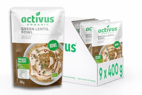 Activus Organic Green Lentil & Dhal Bowl 283g x 9 Pack, Ready Meal Pouches, Heat & Serve - Healthy, Lentils, Bulk Buy, No Prep, Hearty Dhal Microwave in Minutes for Office Lunches & Easy Dinners