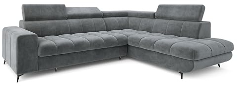 Masseno Ecksofa MORIVA R-S mit Schlaffunktion L-Form, Klassisch Sofa mit Bettkasten, Wohnzimmersofa, Couch, Soffa, Bettsofa, Couchgarnitur - Grau, Monolith 85
