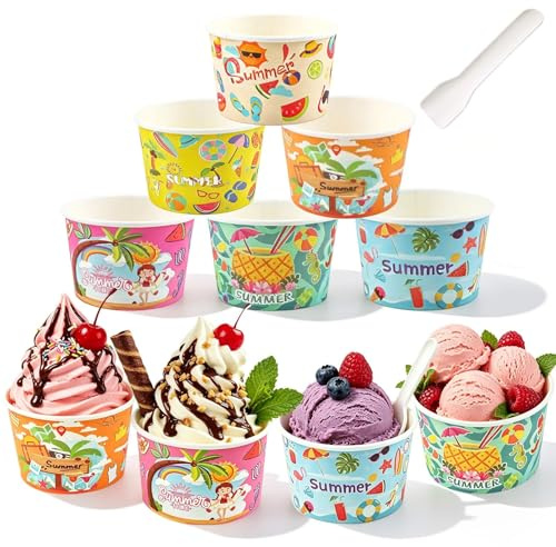 XIMEY Coupe de Glace, 60/100 Pièces Paper Ice Cream Cups, Pots à Glace, Disposable Bowl, Dessertcup, Bol Carton Jetable pour Desserts, Yaourts, Fruits et Fêtes d'Anniversaire (60, D)