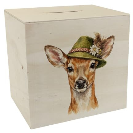 speecheese REH Spardose aus Holz, Trachtenhut, alpenländisch, lustig | Aquarell-Reh mit Trachtenhut für alpenliebende Sparfreunde, bunt bedruckte Holzspardose, dekorativ mit Kunststoffpfropfen.
