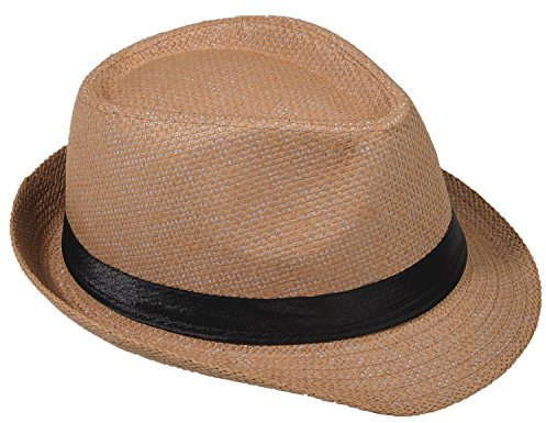 Strohhut Panama Fedora Trilby Gangster Hut Sonnenhut mit Stoffband Farbe:-Kamel (Strohhut) Gr:-58