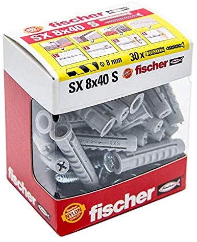 Fischer 513467 Tacos Tornillos, Modelo SX (Caja 30 Unidades), Gris, 8x40