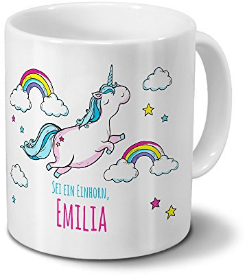 printplanet Tasse mit Namen Emilia - Motiv Dickes Einhorn - Namenstasse, Kaffeebecher, Mug, Becher, Kaffeetasse - Farbe Weiß