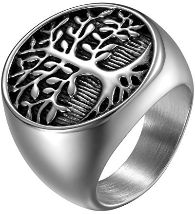 JewelryWe Schmuck Herren-Ring, Edelstahl Runden Siegelringe Baum des Lebens Lebensbaum Biker Ring, Silber Schwarz - Größe 62