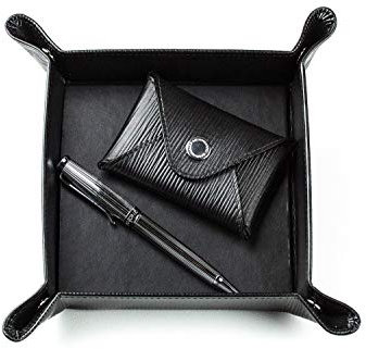 DELMON VARONE - Personalisierbarer Taschenleerer aus Premium Leder Manhattan schwarz, Schlüsselschale ideal als Ablage für Schmuck, Kleingeld, Handy und Schlüssel, Echtleder Taschenleererschale