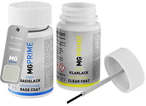 MG PRIME Autolack Lackstift für Honda YR559M Champagne Silver Metallic +1K | Set aus Basislack + Klarlack, Lackfläschchen mit Pinsel, je 50ml