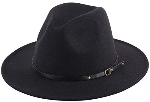 Lanzom Damen Lady Retro Wide Brim Floppy Panamahut gürtelschnalle Wolle-Fedora-Hut One Size Schwarz