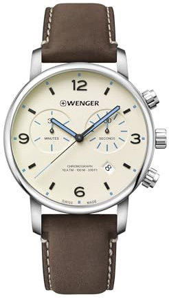 WENGER Herren Armbanduhr Urban Metropolitan Chronograph Ø 44 mm, Swiss Made, Analog Quarz, Wasserdicht bis 100 m, Leder-Armband, Creme/Braun, 01.1743.111