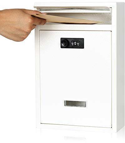 KYODOLED Cassetta postale con chiusura a parete, con serratura a combinazione per esterni, cassetta di sicurezza con codice, 31 x 21 x 8,54 x 8,5 cm, bianco