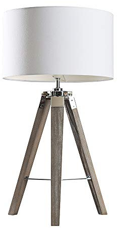 MiniSun | Modern Light Wood and Chrome Tripod Table Lamp with a White Drum Shade | Table Lamps, Home Décor & Improvement Essential | Includes Bulb [3000K Warm White]