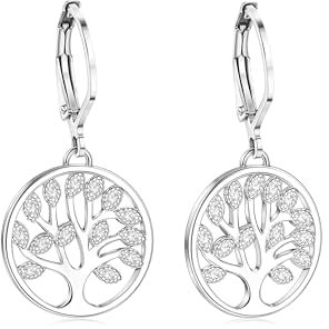 CASSIECA Boucles d'oreilles Creoles en Argent Sterling 925 pour Femmes Filles Boucles d'Oreilles Arbre de Vie Pendantes Anneau Boucles d'oreilles Zircone Cubique Bijoux Cadeaux Boîte de Emballage