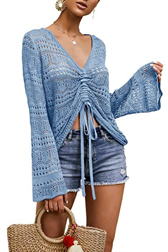 Saodimallsu Damen Oberteile Flowy Oversized Langarm Frühling Sommer Strickpullover V-Ausschnitt Crochet Sexy Pullover Groß