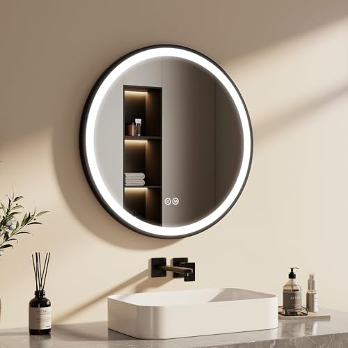 EMKE Badspiegel Rund Schwarz 70 cm, Badspiegel mit Beleuchtung und Touchschalter, 3 dimmbare Lichtfarben, Speicherfunktion, Runder Spiegel