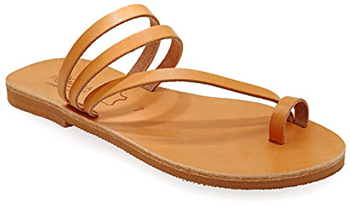 42 Beige Emmanuela Zehenring sandalen im griechischen Stil, hochwertige handgefertigte flache Riemchensandalen aus Leder, Sommerschuhe für Damen, Boho Chic Slider Sandalen