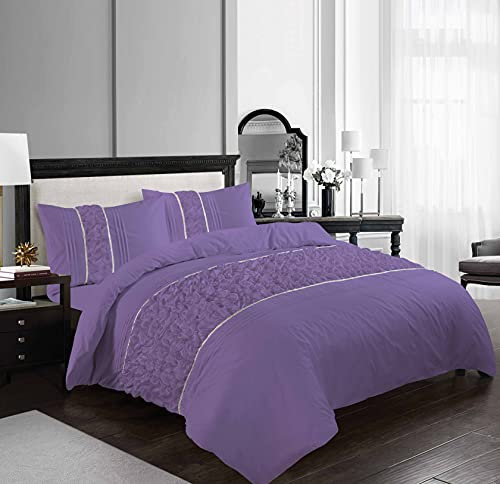 HOMES-LINEN Luxury Bedding Ruffled Diamond Lace Sequence Aurora Easy Care Polycotton Duvet Cover Set (Lilac, Double)