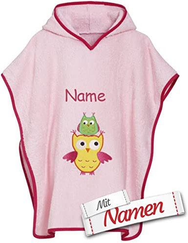 Bade Eule Poncho bestickt mit Namen für Baby & Kinder, Mädchen, Badetuch, Badeponcho, Kapuzenbadetuch, 100% Baumwolle