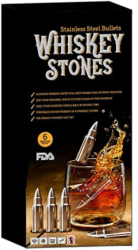 DIVCHI Whiskey Stone Bullets Gift Set of 6 - Silver Whiskey Ice Cubes Reusable - Whiskey Bullets Stainless Steel Chilling Whiskey Rocks Gift Set Gift Set