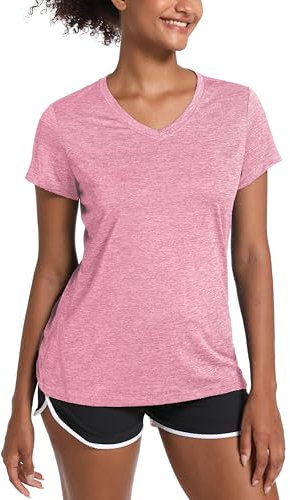 MAGCOMSEN Damen Sport Shirt Leichte Trainingsshirt Kurzarm Atmungsaktiv Lässig T-Shirt Weich Outdoor Shirt mit V-Ausschnitt Funktionsshirt für Yoga, Jogging Rosa L