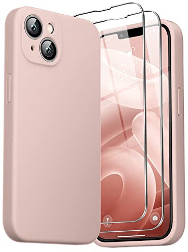 GOODVISH 3 in 1 Designed for iPhone 14 Plus (6.7) Liquid Silicone Case 2022, with 2 Pack Screen Protector, Shookproof, Anti-Scratch Gel Rubber Slim Phone Cover [360° Full Protection], Sand Pink