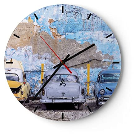 Modern Wanduhr Havanna Oldtimer Autos 30x30cm Rund Klein Wand Uhr Glas Analog Zimmeruhren Küche Büro Wohnzimmer Glasuhr Wall Clock Dekoration Design Wanddekoration Küchenuhr C3AR30x30-4376